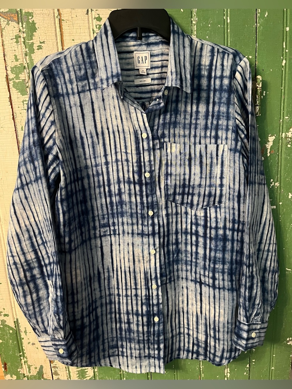 GAP LINEN Indigo Tie-Dye Button-Down Shirt Size small